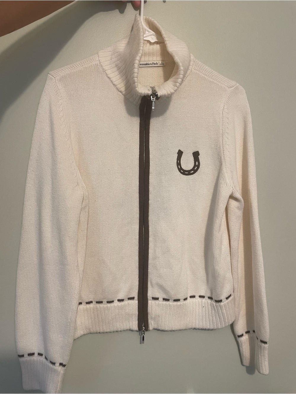 Abercrombie & Fitch Cream Western Knit Zip-Up Jacket with Brown Trim - Picture 2 of 4